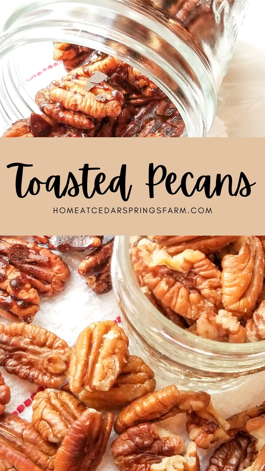 Toasted Pecans in a jar with text overlay.