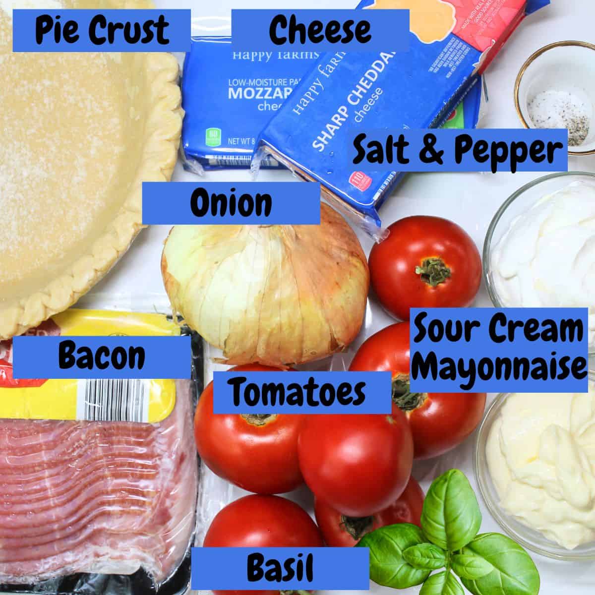 Ingredients needed for making tomato pie with text overlay.