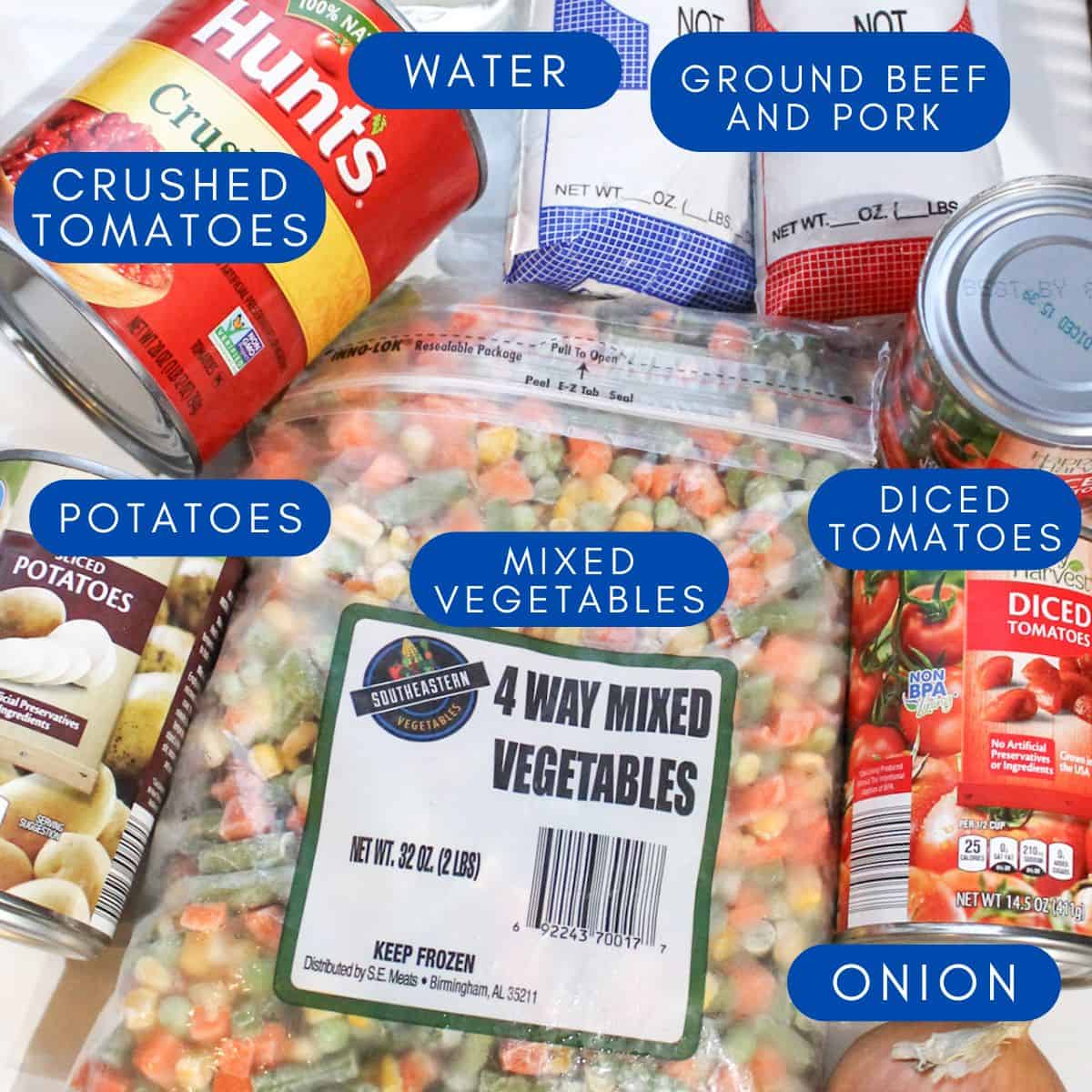 Ingredients needed for homemade vegetable beef soup with text overlay.