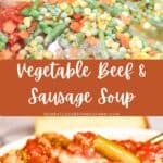 Vegetable Soup with beef and sausage cooking in a pot and served in a white bowl.