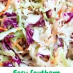 Vinegar coleslaw with no mayonnaise in a serving bowl with text overlay.