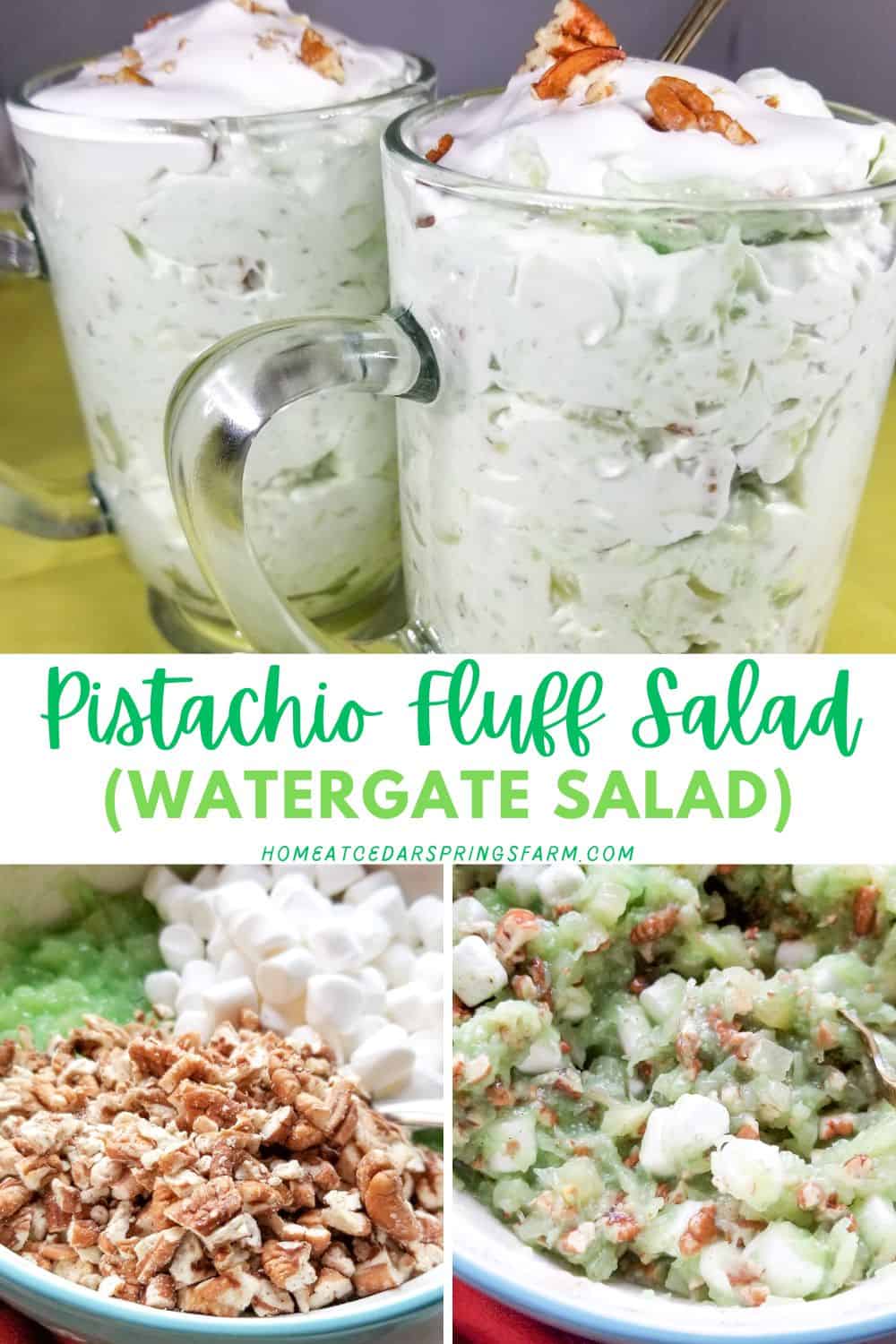 Watergate Salad in glasses and steps to make recipe with text overlay.
