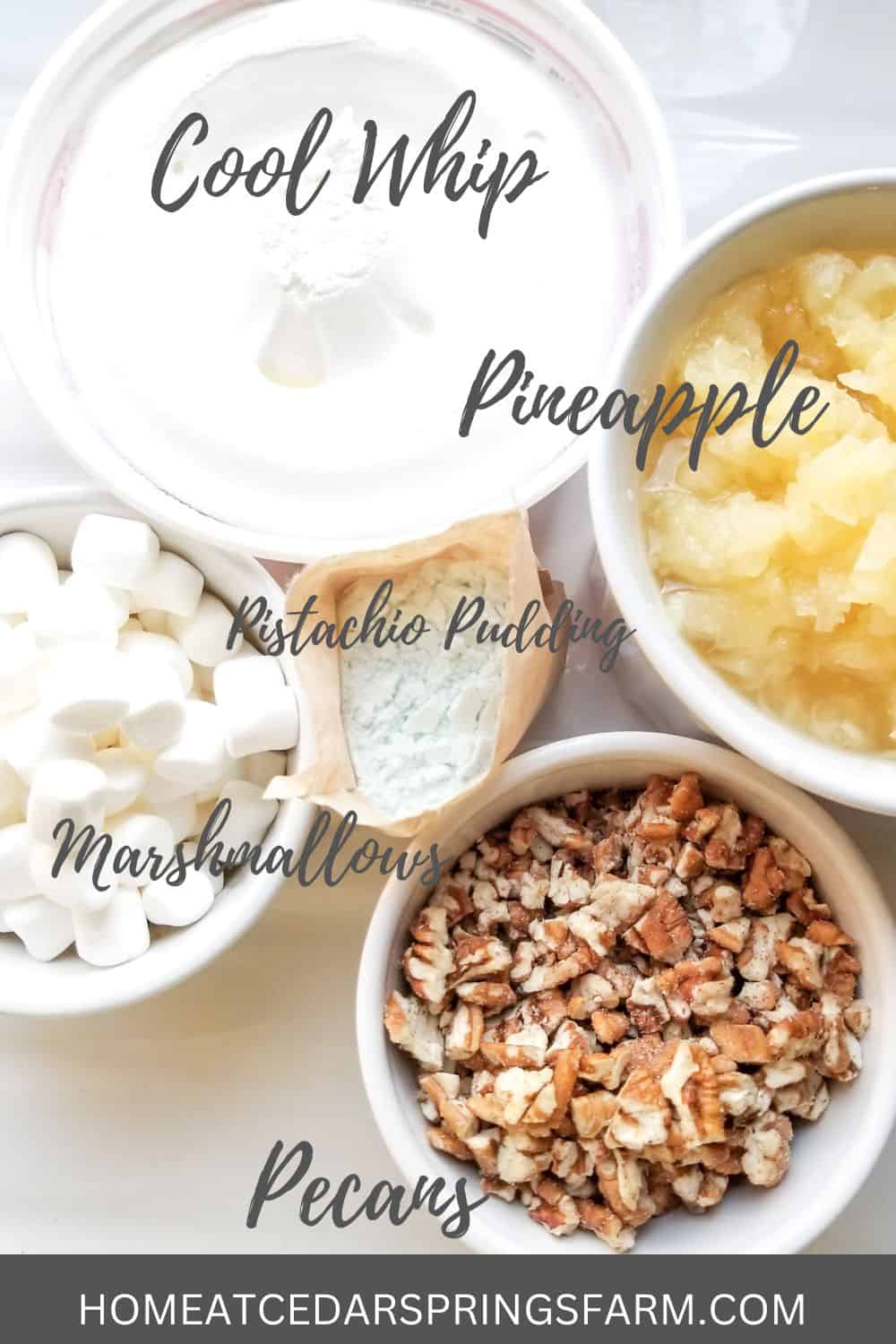 Ingredients shown for Watergate Salad with text overlay.