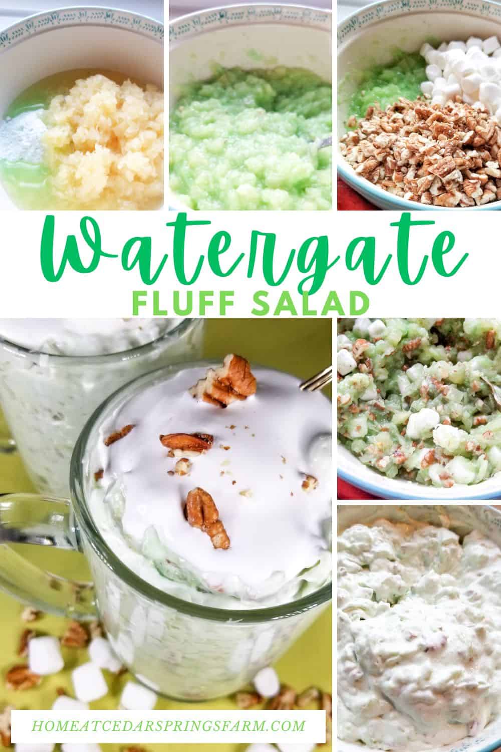 Steps for making Watergate Salad with text overlay.