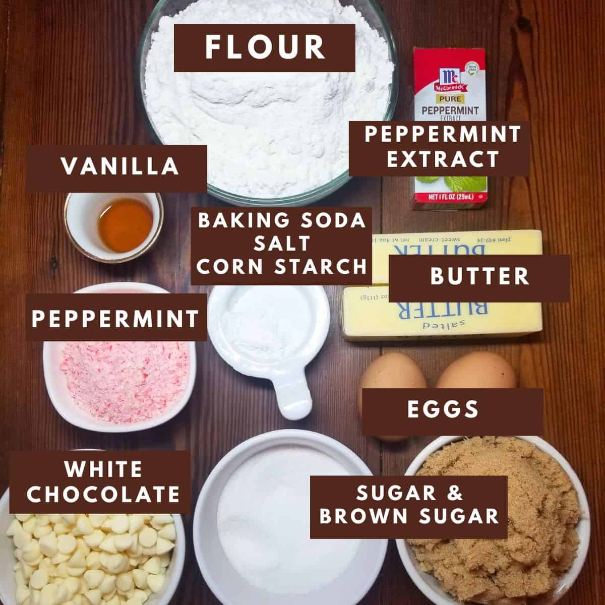 Ingredients needed for making peppermint cookies.