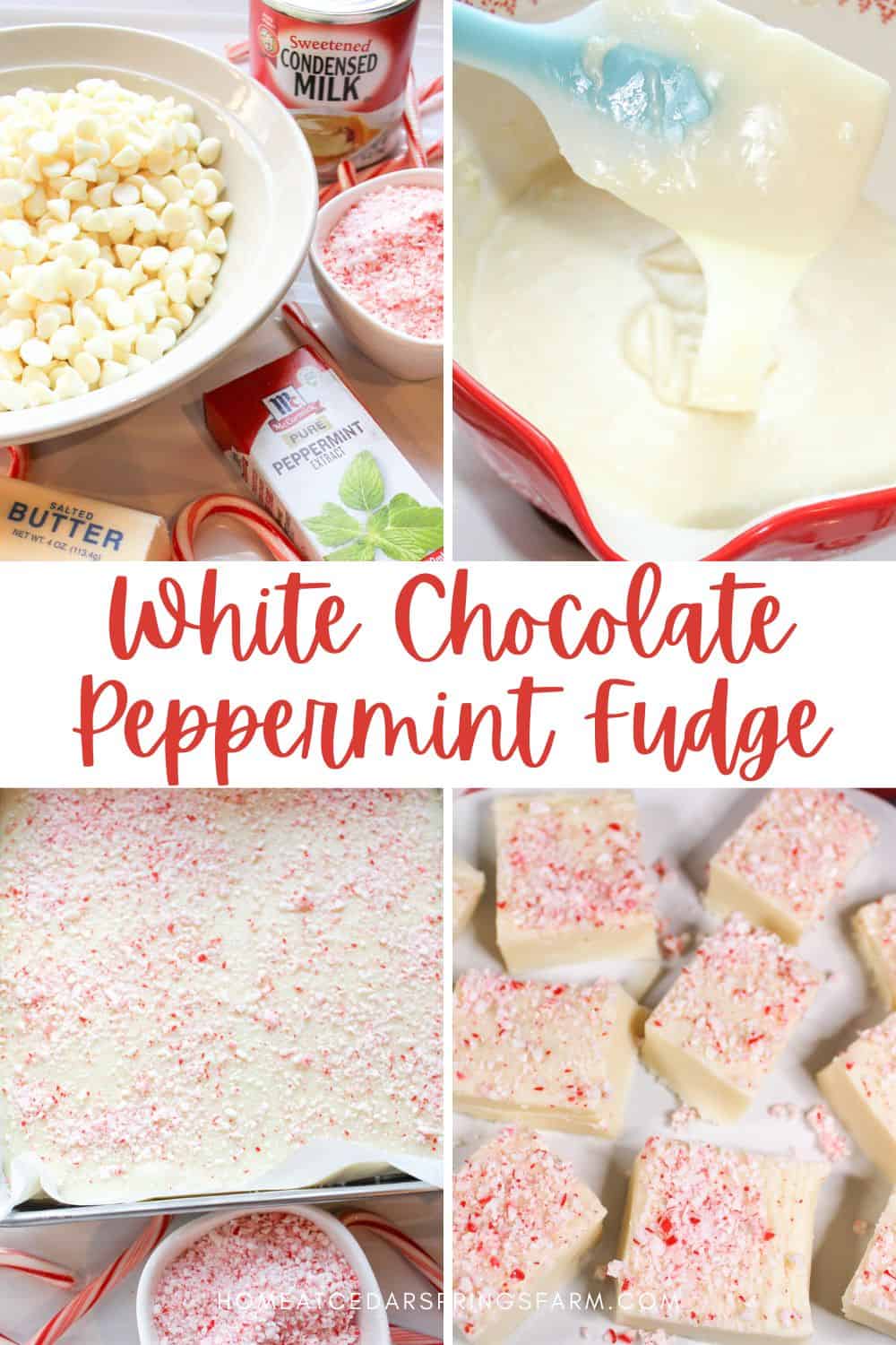 Steps shown for making white chocolate peppermint fudge.