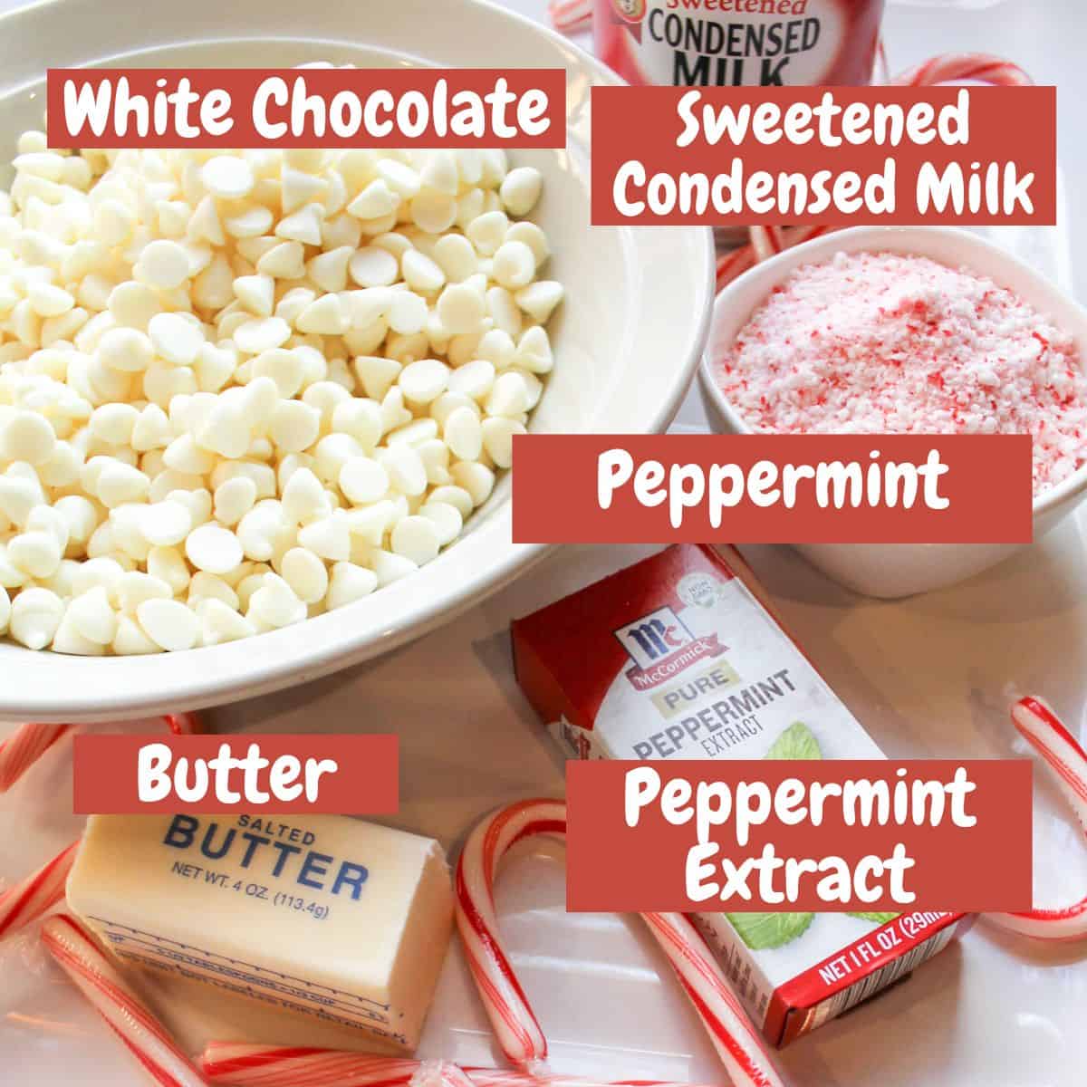 Ingredients needed for making white chocolate peppermint fudge with text overlay.