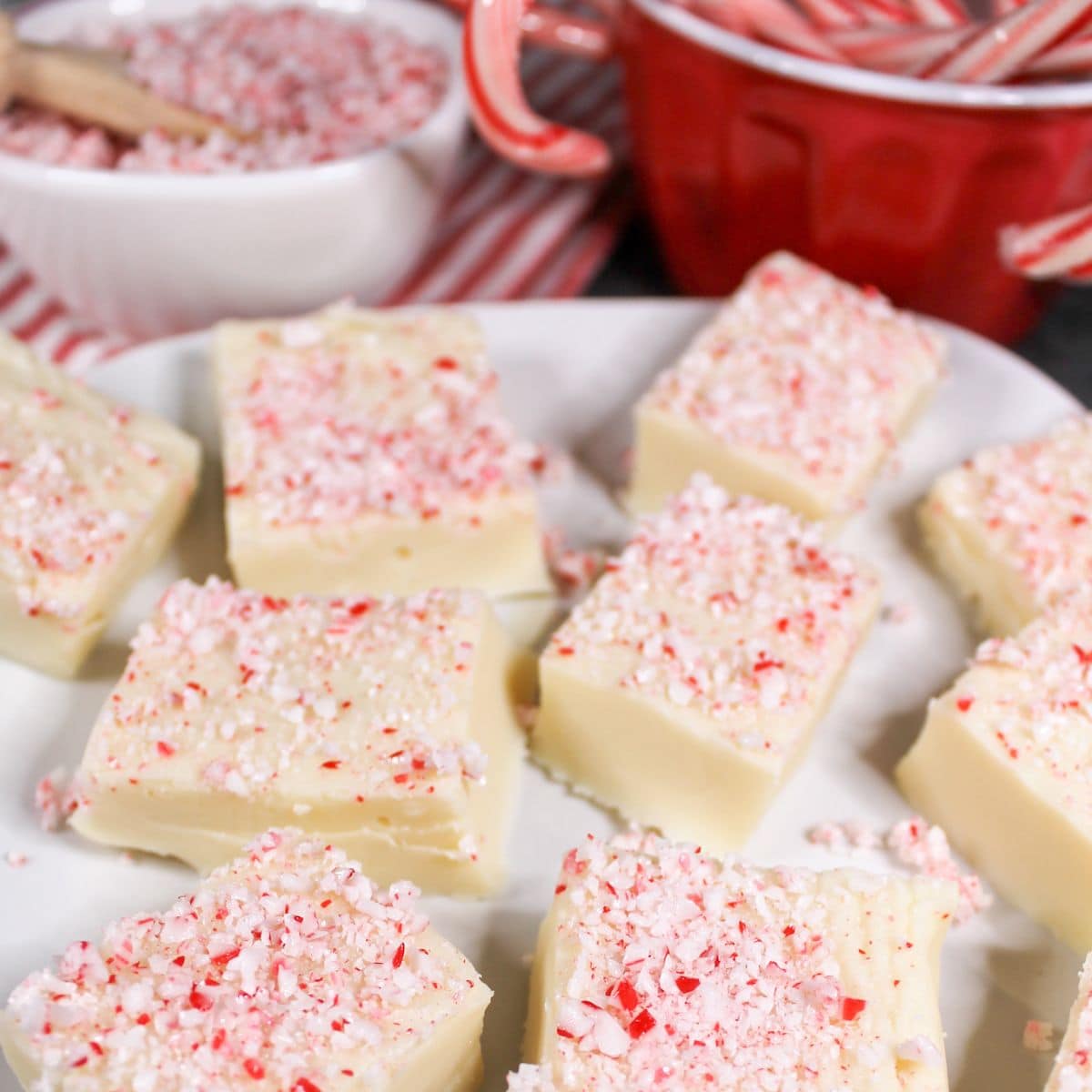 Chilled and sliced fudge with peppermint. Candy canes in a red bowl. Crushed peppermint in a white bowl.