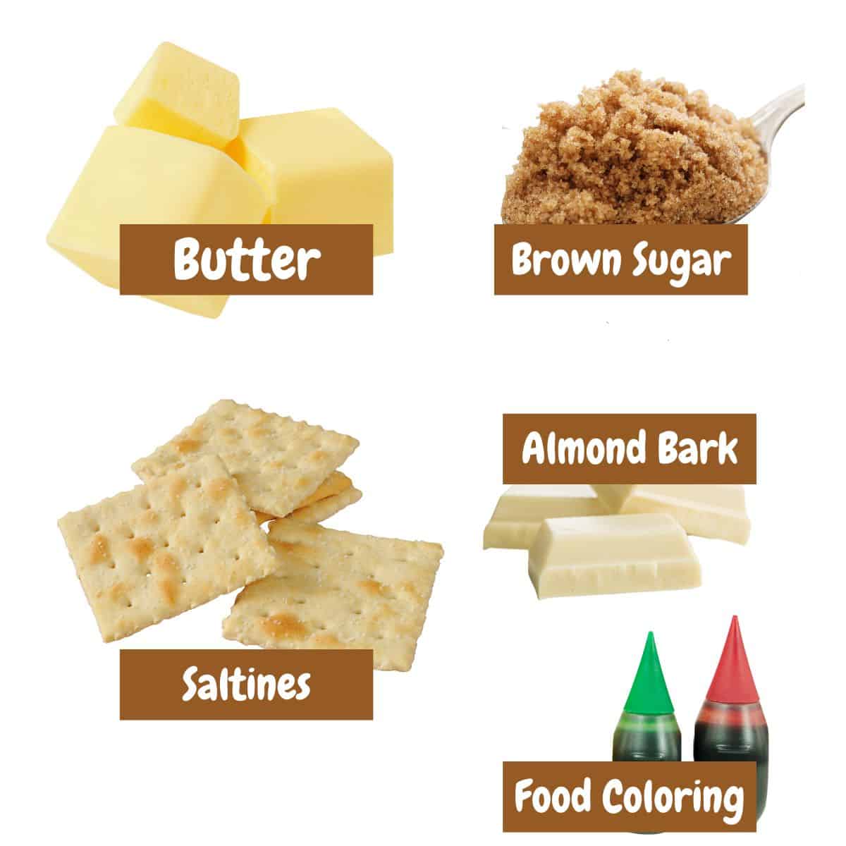 Ingredients needed for making saltine cracker toffee with text overlay.