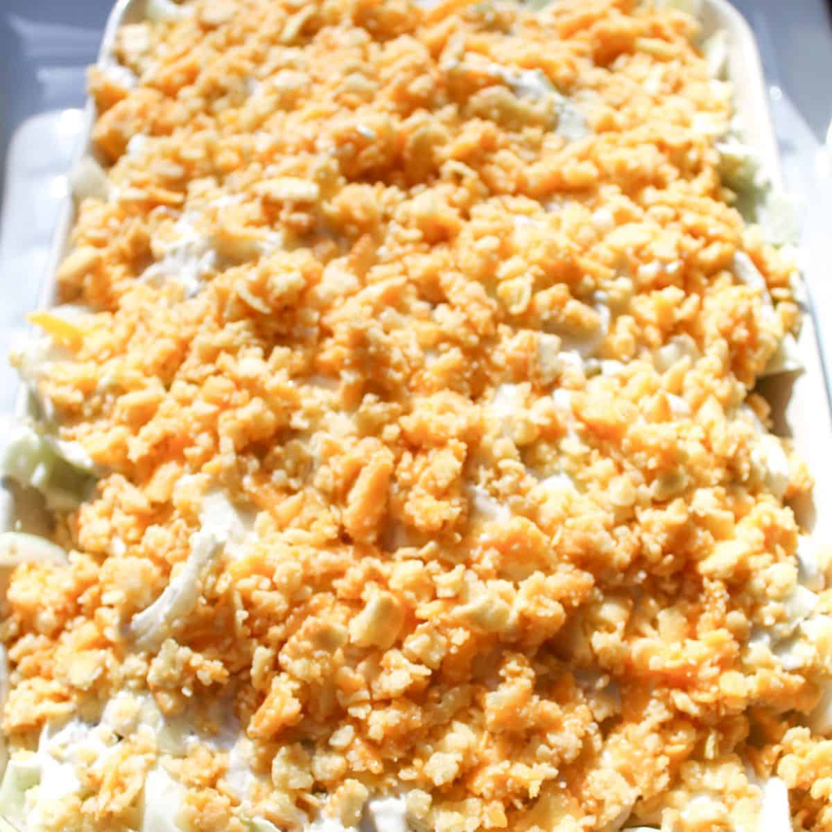Cracker topping on top of the cabbage casserole.