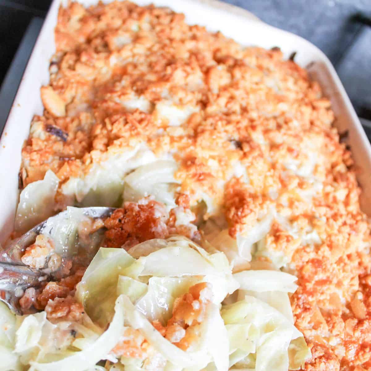 Baked cabbage casserole recipe in a baking dish.