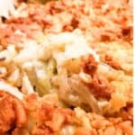Cheesy cabbage casserole in a baking dish.