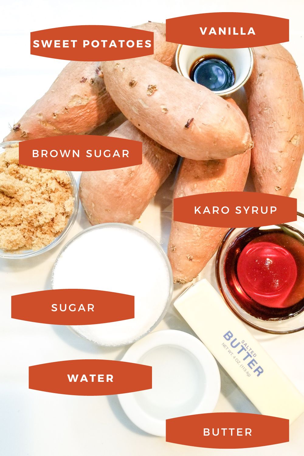 ingredients for candied sweet potatoes with text overlay.
