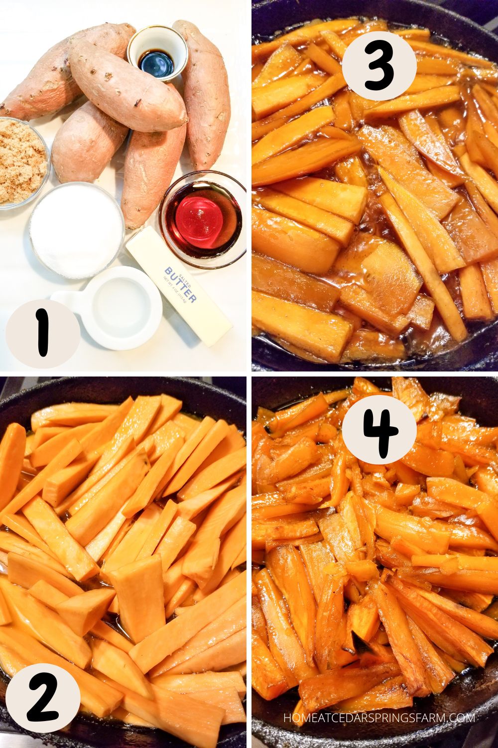 Steps for making candied sweet potatoes with text overlay.