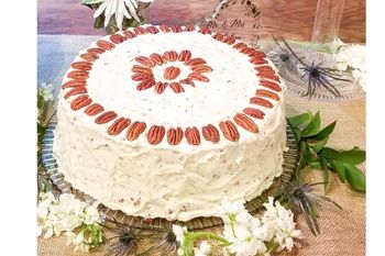 Carrot cake on a plate.