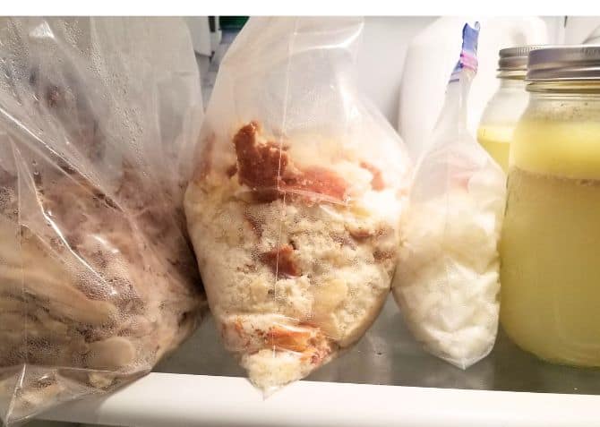 Ingredients for Southern Style Chicken and Dressing in bags and jars in the refrigerator.