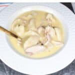 Chicken and dumplings in a white bowl with a spoon.