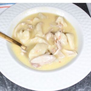 Chicken and dumplings in a white bowl with a spoon.