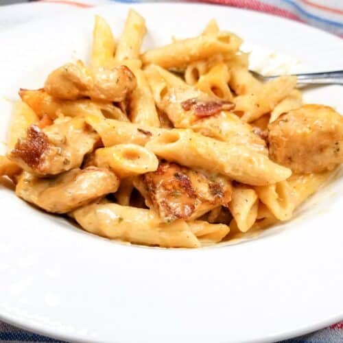 Chicken ranch pasta in a serving bowl.