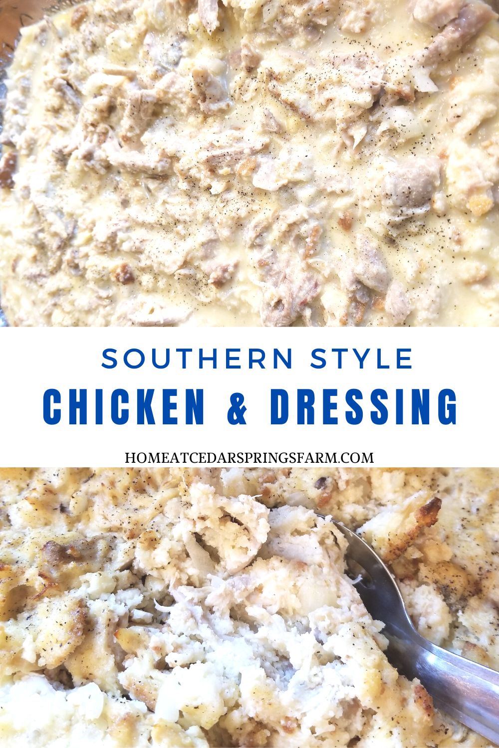 Southern Style Chicken and Dressing with serving spoon and text overlay.
