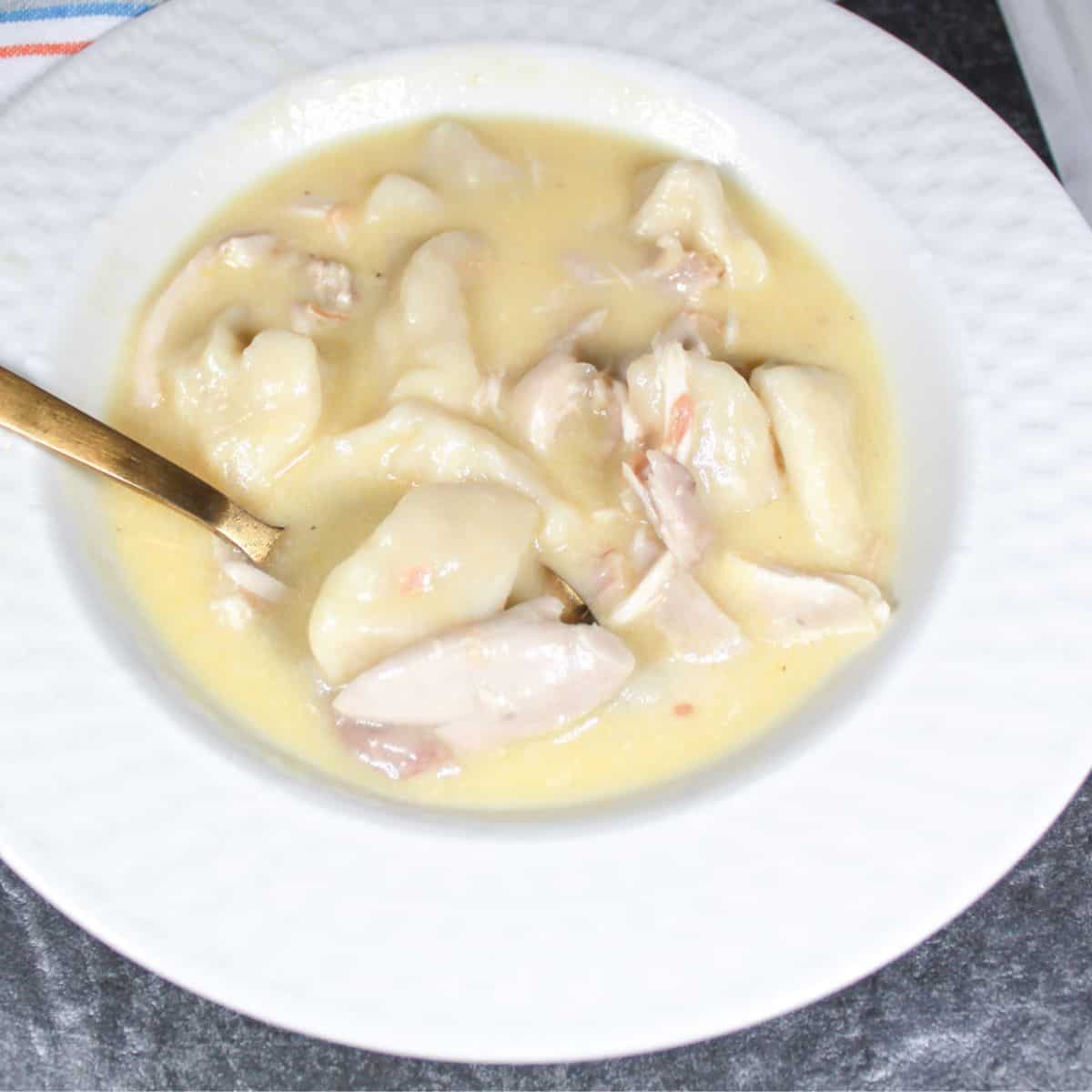 Chicken and dumplings in a white serving bowl with a spoon.