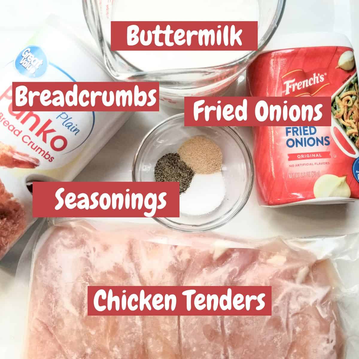 Ingredients needed for making chicken fingers with text overlay.