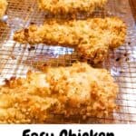 Chicken tenders on a wire rack with text overlay.