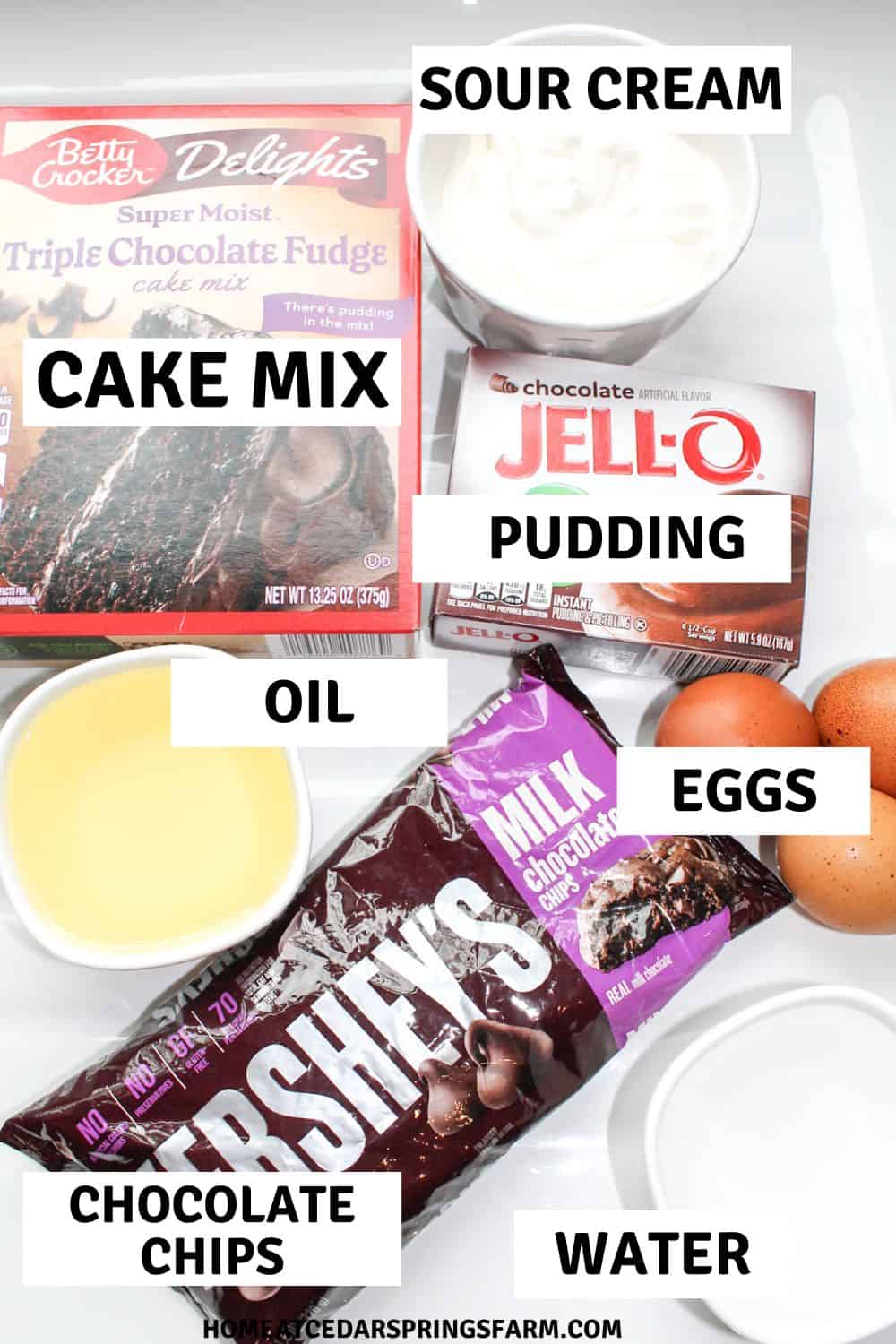 Ingredients shown for making Chocolate Bundt Cake with text overlay.