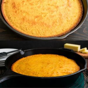 Cornbread cooked in a cast iron skillet.