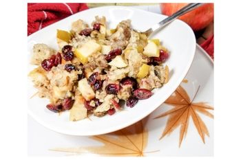cranberry apple sausage stuffing in a bowl