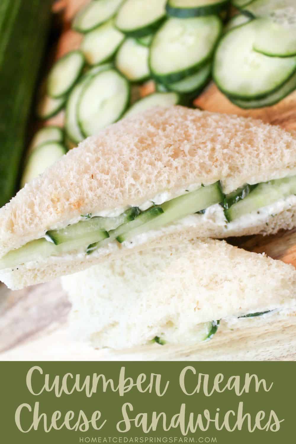 Cucumber sandwich cut in half with text overlay.