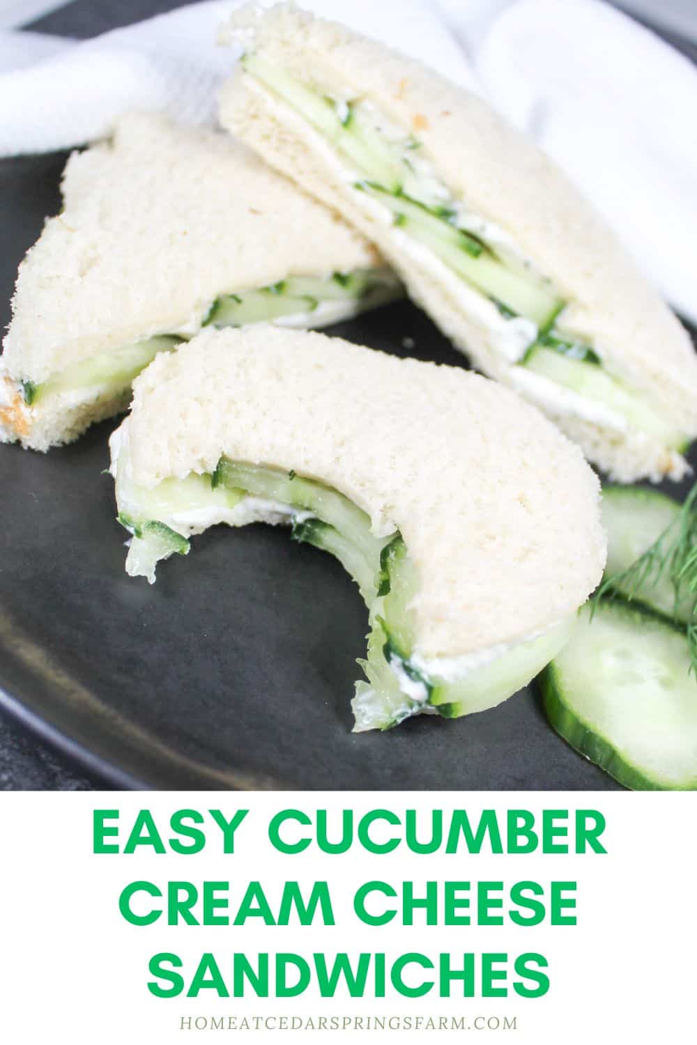Cucumber Cream Cheese Sandwiches on a black plate with text overlay.