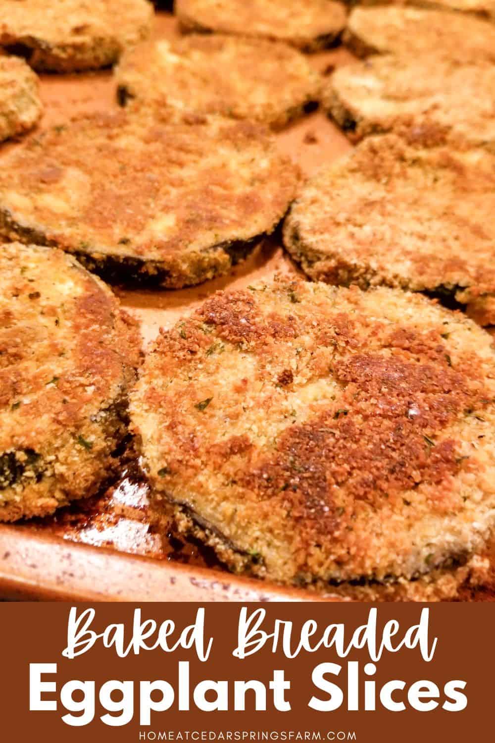 Breaded eggplant on a baking sheet with text overlay.
