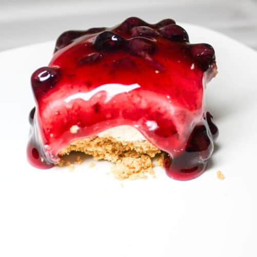 Blueberry cheesecake on a white plate.