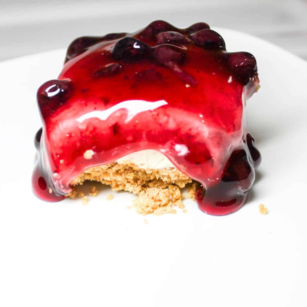 Blueberry cheesecake on a white plate.