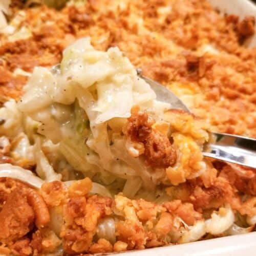 Cabbage casserole in a baking dish fresh from the oven.