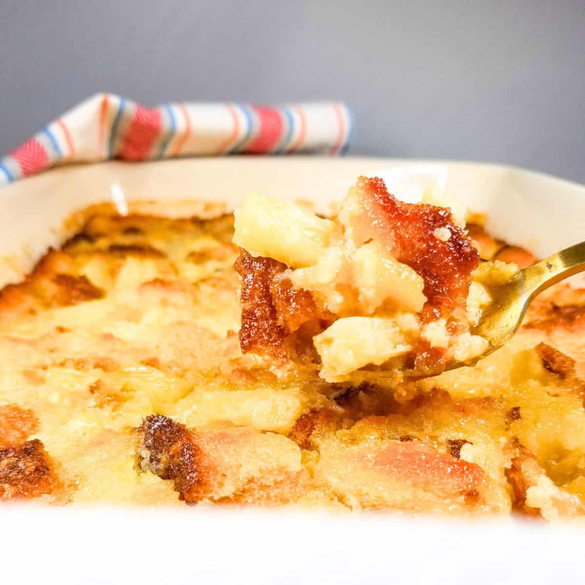 Pineapple casserole in a baking dish.