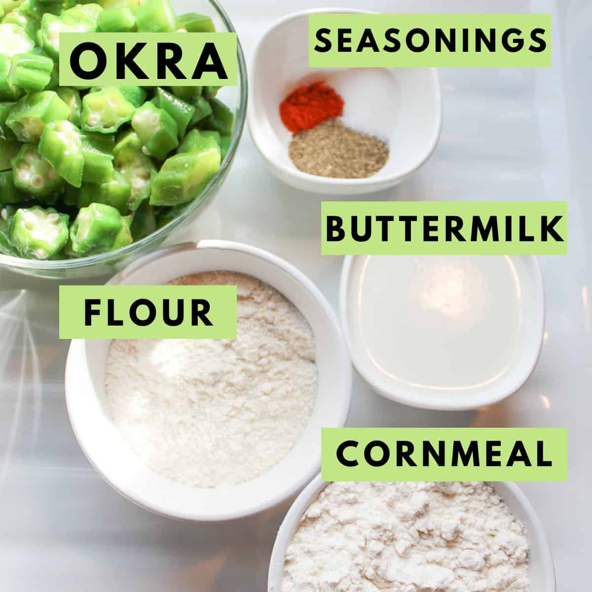 Ingredients needed for making crispy southern fried okra with text overlay.