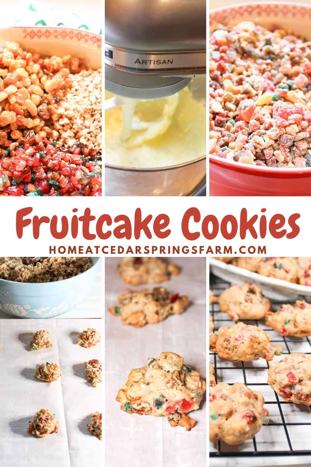 Steps shown for making fruitcake cookies with text overlay.