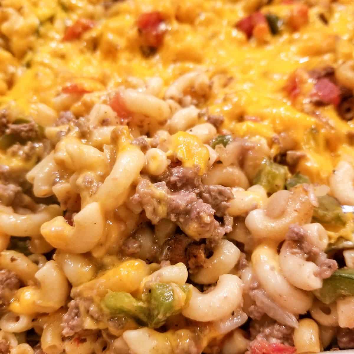 Hamburger casserole in a baking dish.