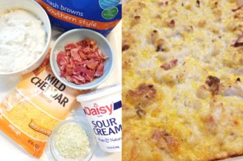 picture of cheesy hash brown casserole and ingredients