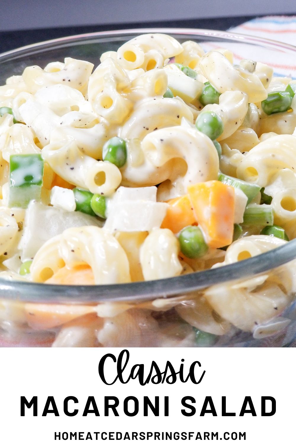 picture of macaroni salad with text overlay