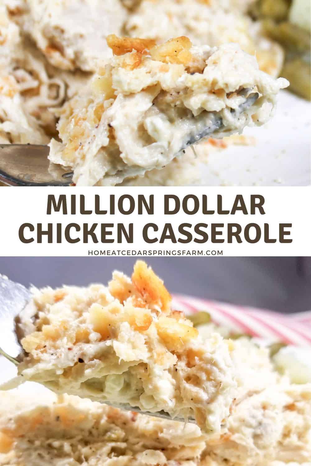 Million Dollar Chicken Casserole on a plate with a fork and text overlay.