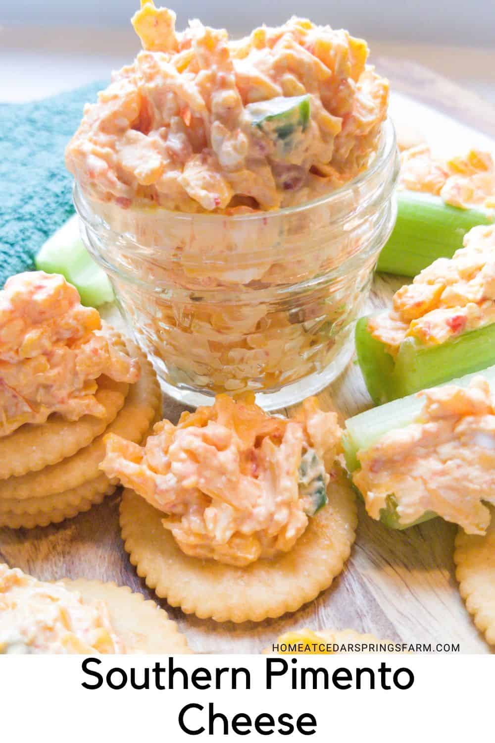 Southern Pimento Cheese in a dish with crackers and celery with text overlay.