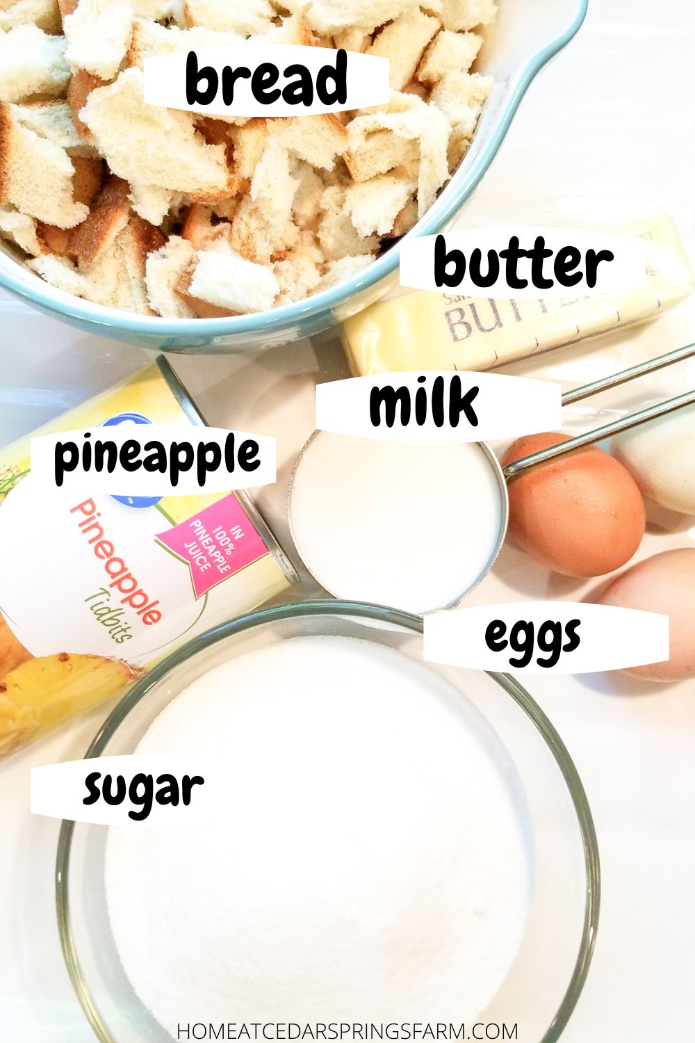 Picture of ingredients for pineapple casserole with text overlay