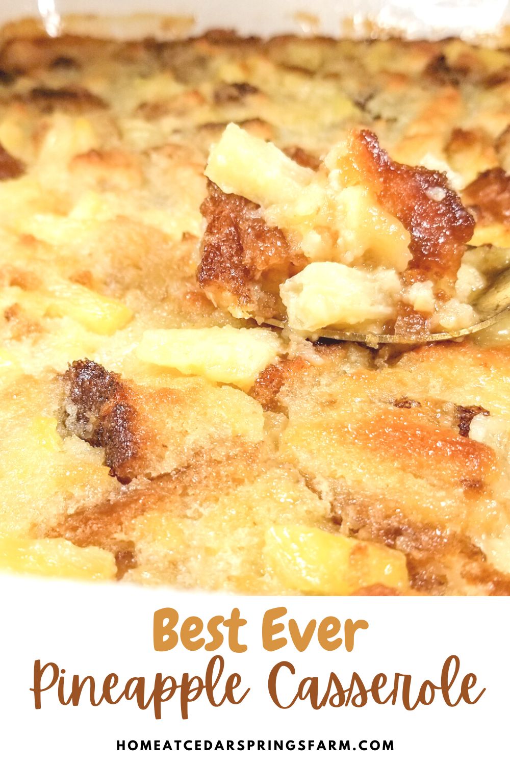 Picture of pineapple casserole with text overlay.