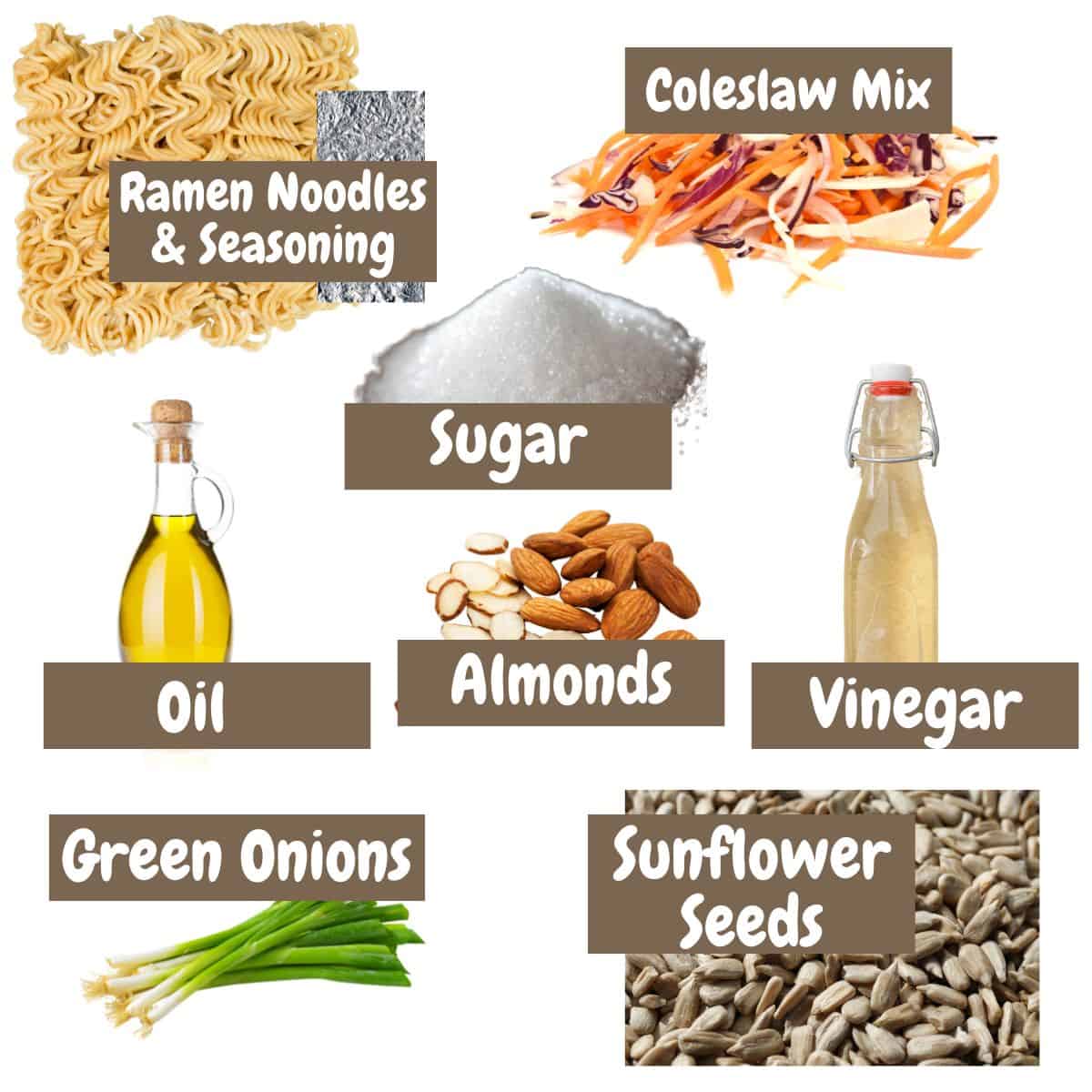 Ingredients needed for making Ramen Noodle Coleslaw with a text overlay.
