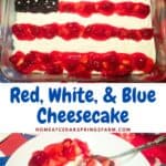 Red, White, and Blue Cheesecake shown in a baking dish and on a white plate.