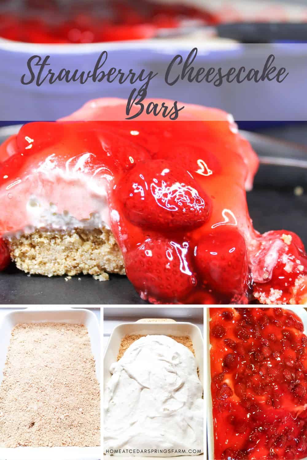 Steps to make Strawberry Cheesecake shown on a plate with text overlay.
