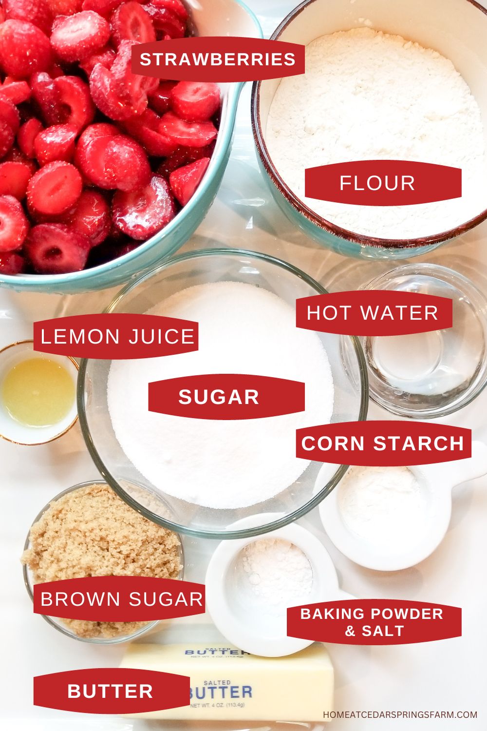 Ingredients for Strawberry Cobbler with text overlay.